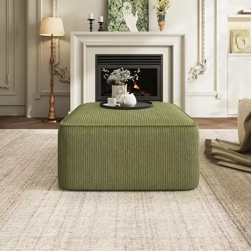 Christopher Knight Home Hayes Corduroy and Wood Square Accent Ottoman, Olive Green