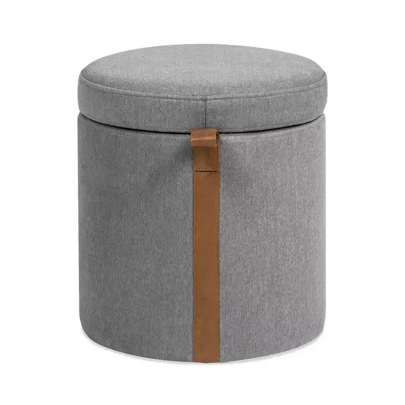 Pouffe de rangement rond en tissu rembourré de 14 po avec accent en cuir