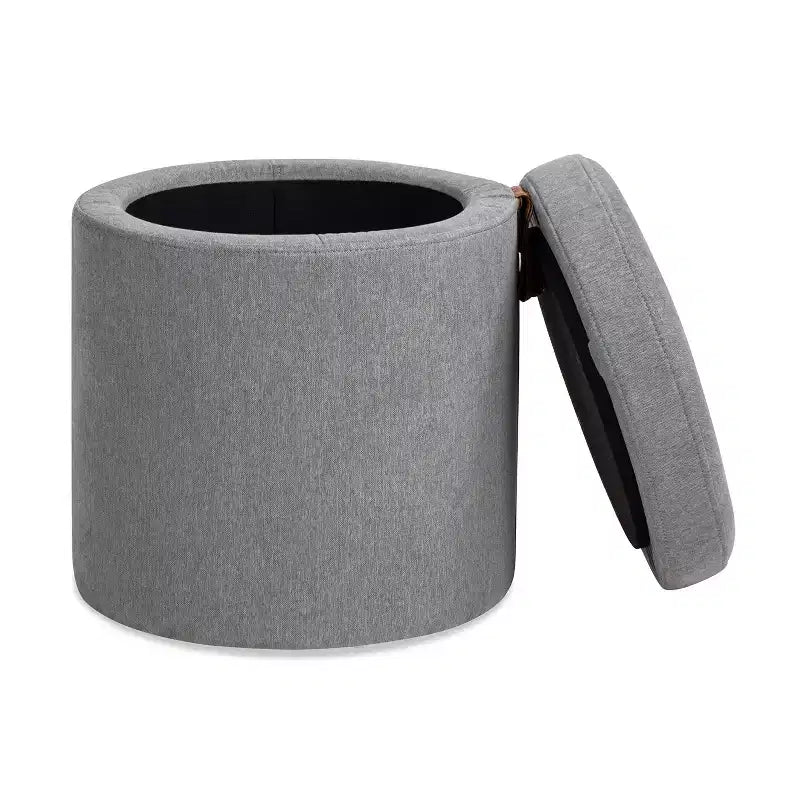 Pouffe de rangement rond en tissu rembourré de 14 po avec accent en cuir