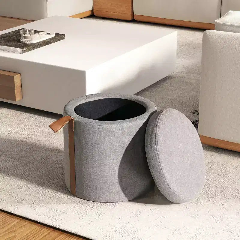 Pouffe de rangement rond en tissu rembourré de 14 po avec accent en cuir