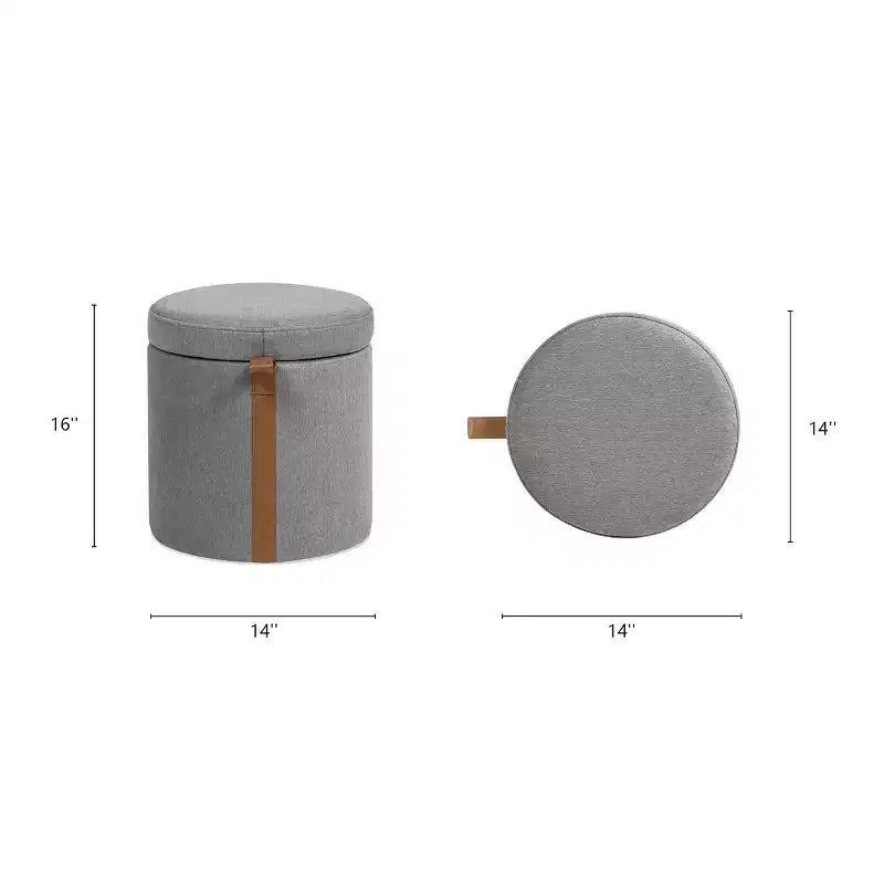 Pouffe de rangement rond en tissu rembourré de 14 po avec accent en cuir