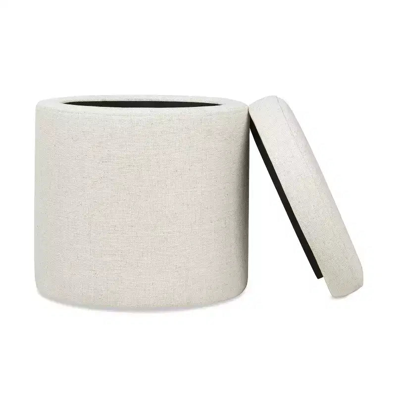 Pouffe de rangement rond en tissu rembourré de 14 po avec accent en cuir