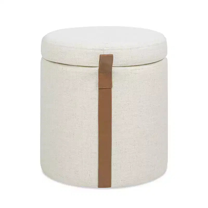 Pouffe de rangement rond en tissu rembourré de 14 po avec accent en cuir