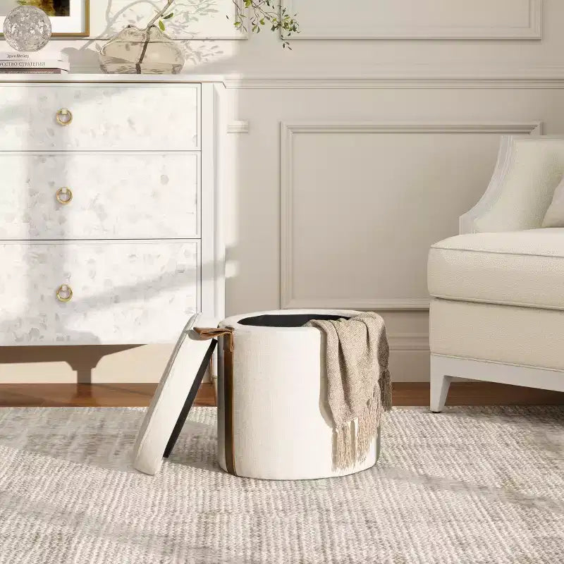 Pouffe de rangement rond en tissu rembourré de 14 po avec accent en cuir
