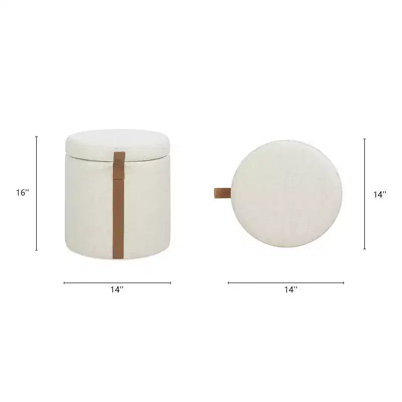 Pouffe de rangement rond en tissu rembourré de 14 po avec accent en cuir