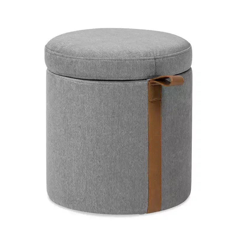 Pouffe de rangement rond en tissu rembourré de 14 po avec accent en cuir