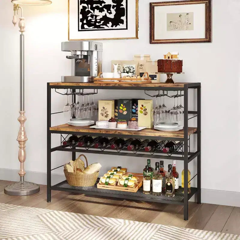 Étagère à vin 41 bouteilles avec 4 porte-verres, étagères de rangement supérieures, intermédiaires et inférieures