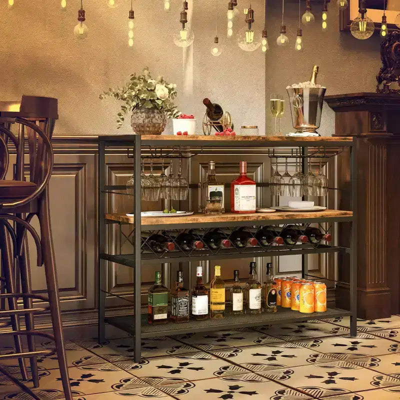 Étagère à vin 41 bouteilles avec 4 porte-verres, étagères de rangement supérieures, intermédiaires et inférieures