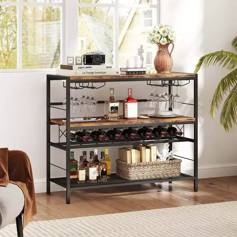 Étagère à vin 41 bouteilles avec 4 porte-verres, étagères de rangement supérieures, intermédiaires et inférieures