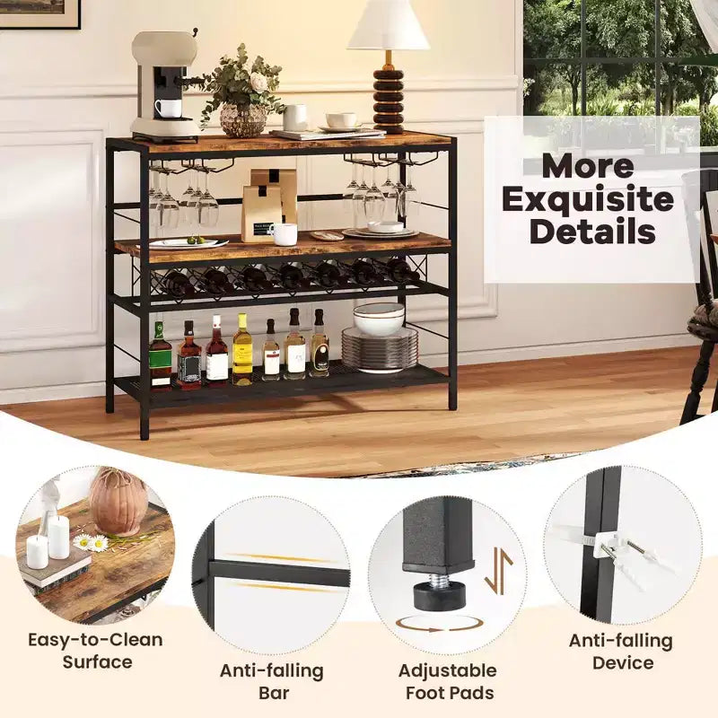 Étagère à vin 41 bouteilles avec 4 porte-verres, étagères de rangement supérieures, intermédiaires et inférieures