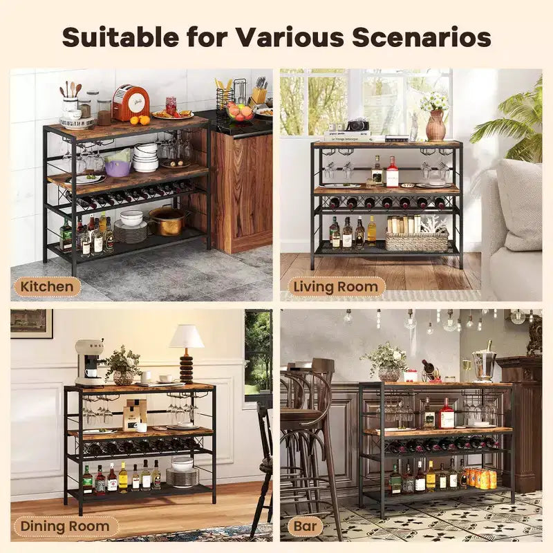 Étagère à vin 41 bouteilles avec 4 porte-verres, étagères de rangement supérieures, intermédiaires et inférieures