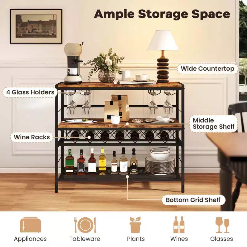 Étagère à vin 41 bouteilles avec 4 porte-verres, étagères de rangement supérieures, intermédiaires et inférieures
