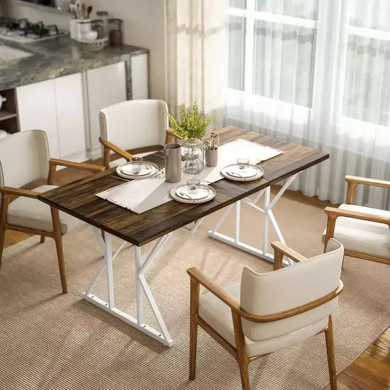 Table de salle à manger extensible de style champêtre avec piètement tréteau, table de cuisine