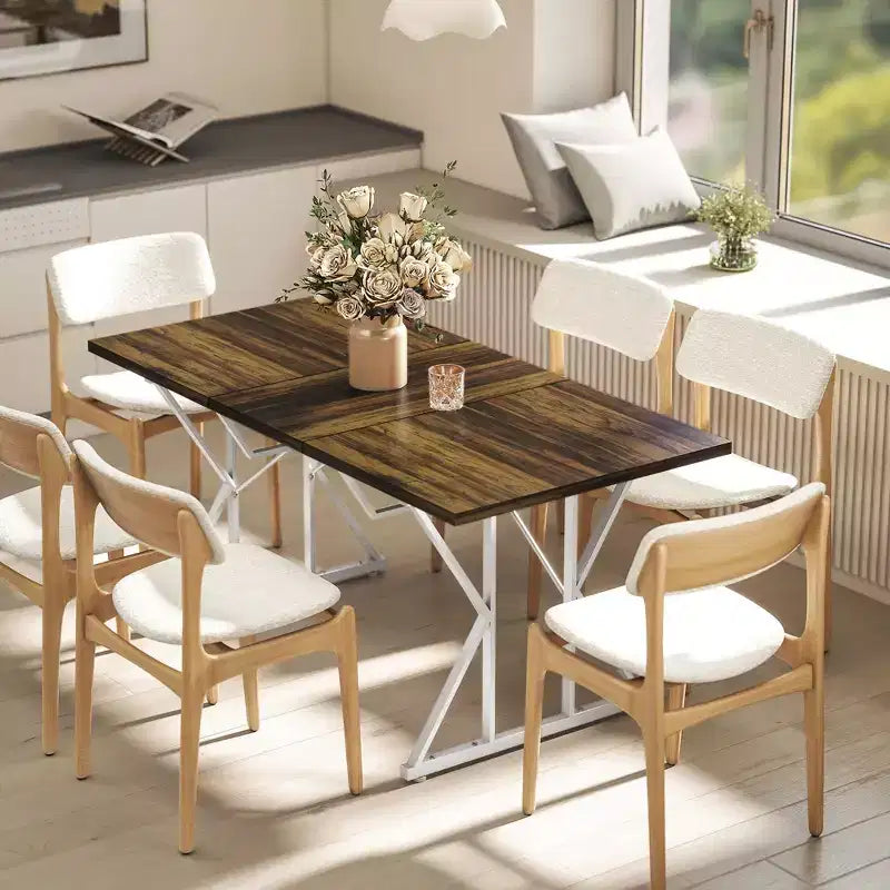Table de salle à manger extensible de style champêtre avec piètement tréteau, table de cuisine