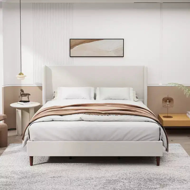 GDFStudio Lindsay Upholstered Wood Bed Frame with Wingback and Solid Wood Legs