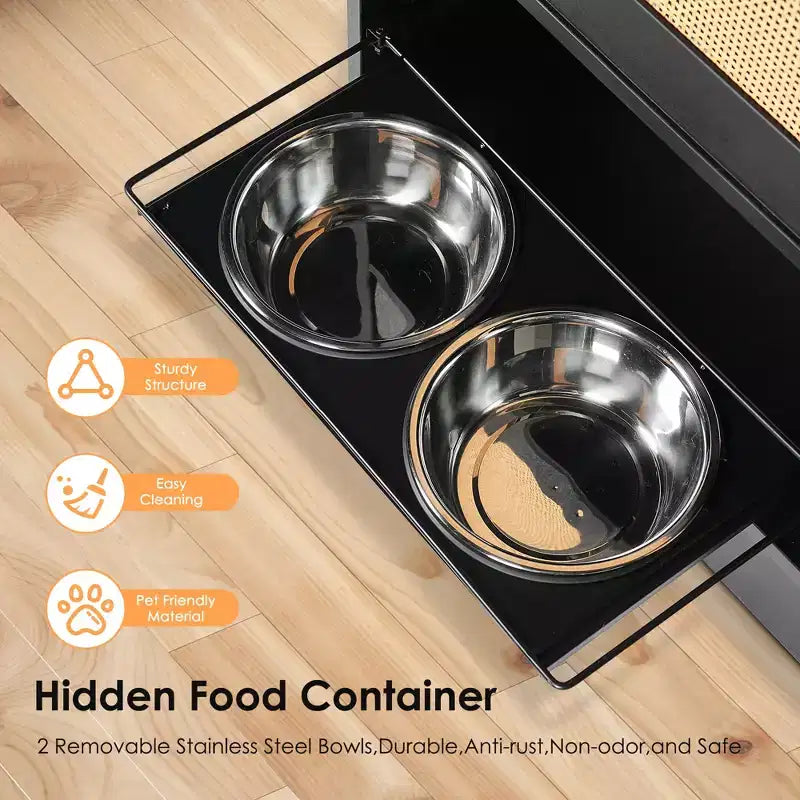 Gamme de repas pour chien avec rangement, meuble de rangement pour aliments pour animaux de compagnie avec 2 gamelles pour chien et crochets latéraux, station d'alimentation cachée pour animaux de compagnie pour manger et boire