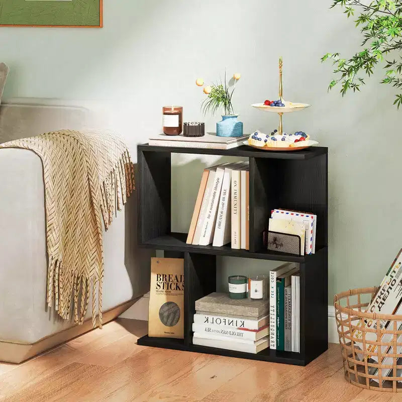 Étagère à Livres Géométrique à 3 Niveaux, Bibliothèque Table d'Appoint avec Rangement Ouvert, Étagère de Présentation Noire