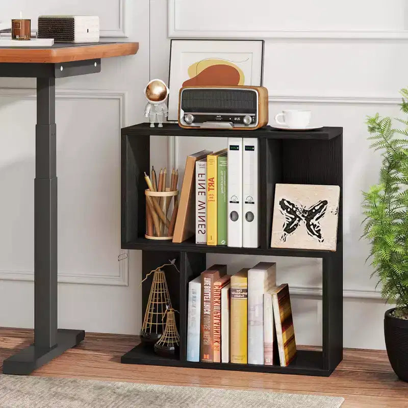 Étagère à Livres Géométrique à 3 Niveaux, Bibliothèque Table d'Appoint avec Rangement Ouvert, Étagère de Présentation Noire