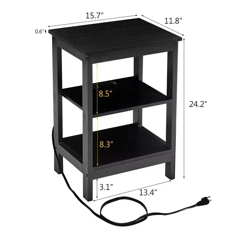 Table de chevet moderne avec station de recharge, Table d'appoint avec étagère de rangement pour chambre ou salon, Petits espaces, Noir/Marron/Blanc