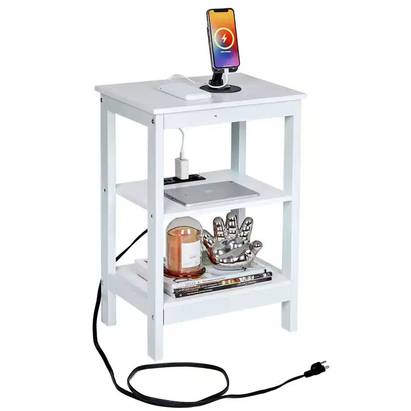 Table de chevet moderne avec station de recharge, Table d'appoint avec étagère de rangement pour chambre ou salon, Petits espaces, Noir/Marron/Blanc