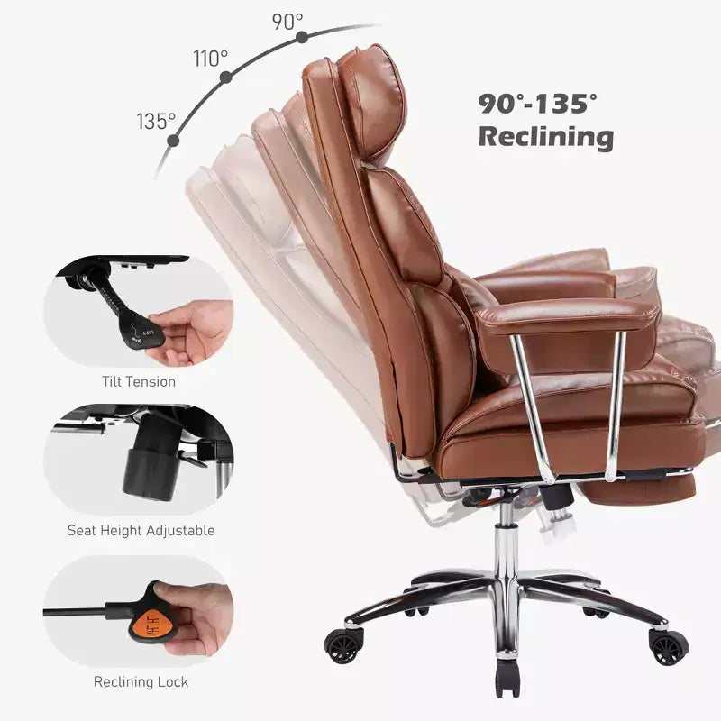 Chaise de bureau ergonomique avec repose-pieds, Chaise de direction certifiée, Soutien lombaire réglable et inclinaison à 135°, Chaise pivotante en cuir PU
