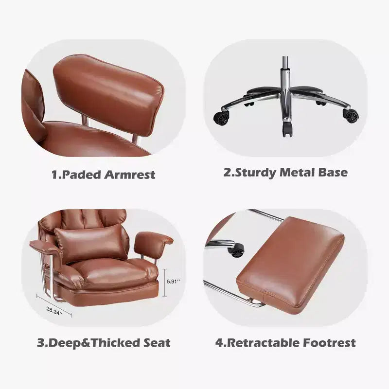 Chaise de bureau ergonomique avec repose-pieds, Chaise de direction certifiée, Soutien lombaire réglable et inclinaison à 135°, Chaise pivotante en cuir PU