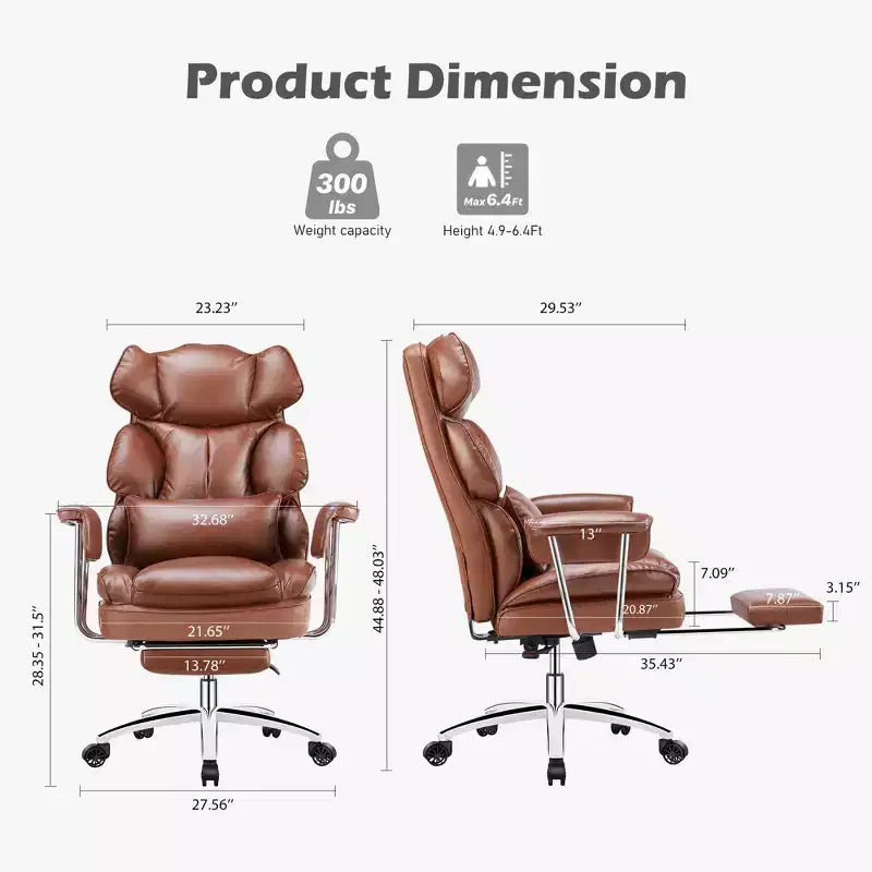Chaise de bureau ergonomique avec repose-pieds, Chaise de direction certifiée, Soutien lombaire réglable et inclinaison à 135°, Chaise pivotante en cuir PU