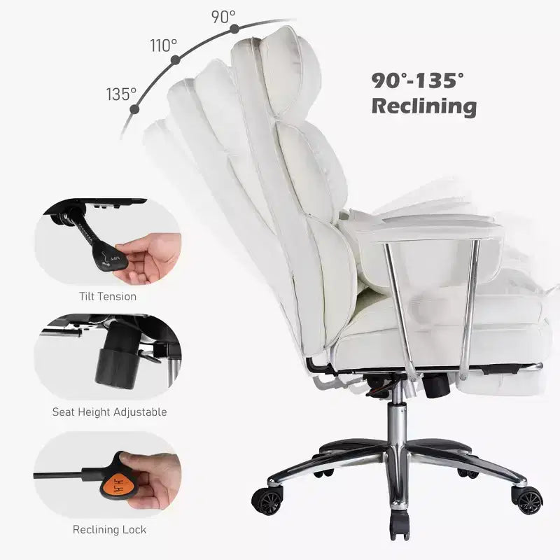 Chaise de bureau ergonomique avec repose-pieds, Chaise de direction certifiée, Soutien lombaire réglable et inclinaison à 135°, Chaise pivotante en cuir PU