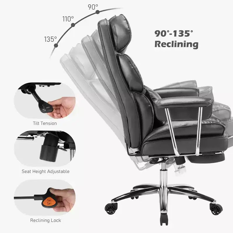 Chaise de bureau ergonomique avec repose-pieds, Chaise de direction certifiée, Soutien lombaire réglable et inclinaison à 135°, Chaise pivotante en cuir PU