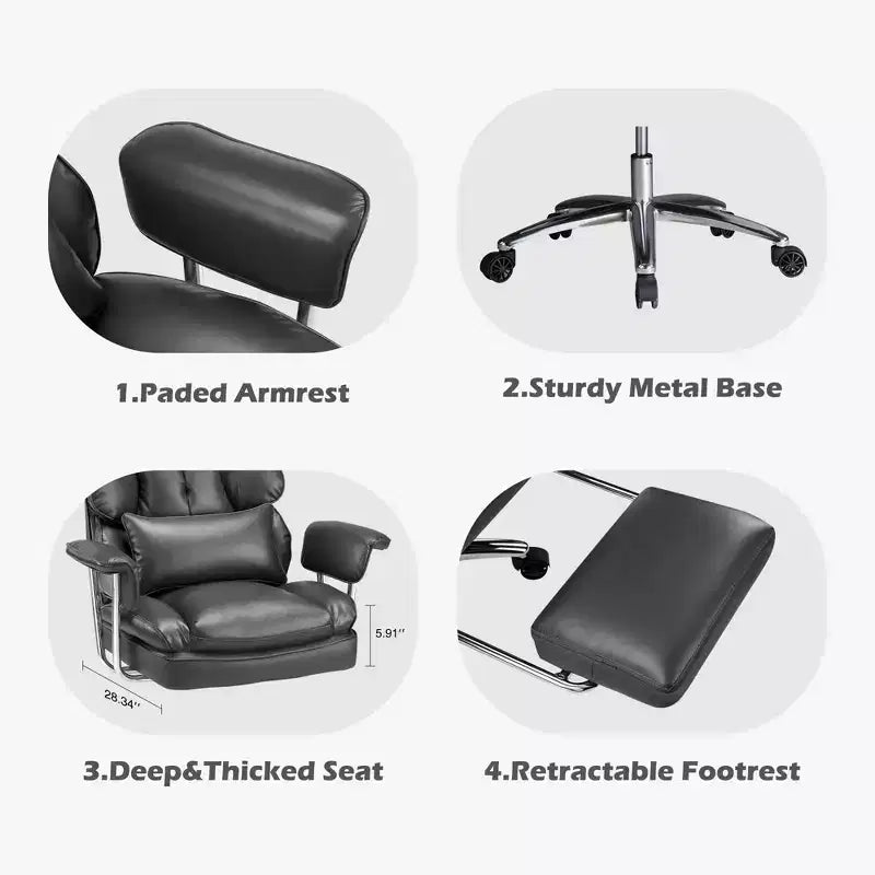 Chaise de bureau ergonomique avec repose-pieds, Chaise de direction certifiée, Soutien lombaire réglable et inclinaison à 135°, Chaise pivotante en cuir PU