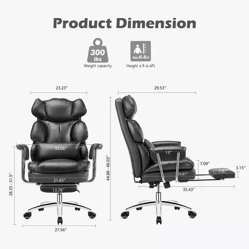 Chaise de bureau ergonomique avec repose-pieds, Chaise de direction certifiée, Soutien lombaire réglable et inclinaison à 135°, Chaise pivotante en cuir PU