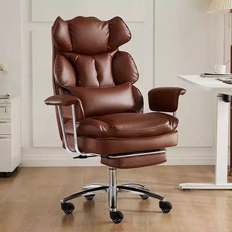 Chaise de bureau ergonomique avec repose-pieds, Chaise de direction certifiée, Soutien lombaire réglable et inclinaison à 135°, Chaise pivotante en cuir PU