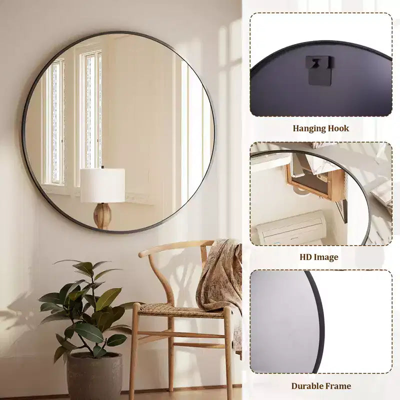 Miroir Mural Rond 24x24 pour Salle de Bain, Noir