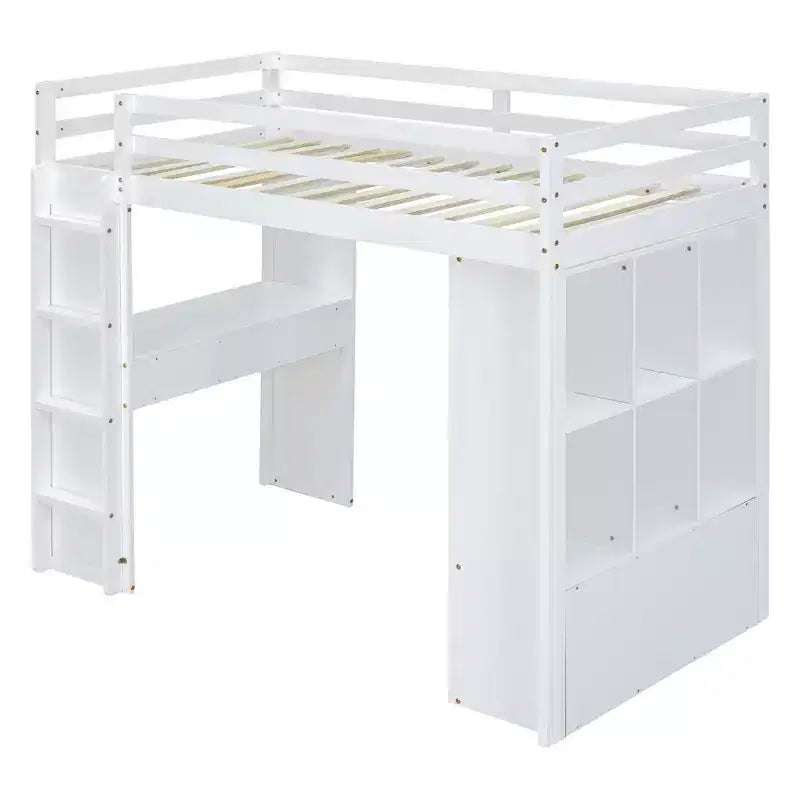 Lit mezzanine double/grand format avec bureau et lumière LED, cadre de lit mezzanine en bois massif avec étagères et échelle