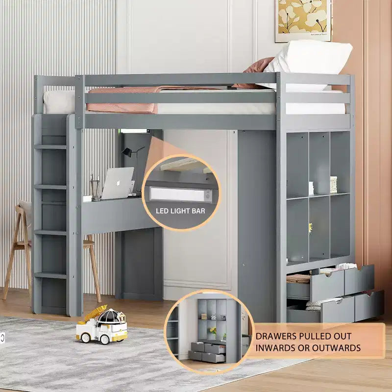 Lit mezzanine double/grand format avec bureau et lumière LED, cadre de lit mezzanine en bois massif avec étagères et échelle