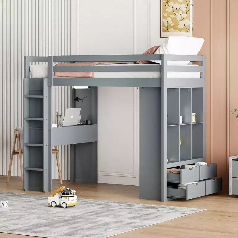 Lit mezzanine double/grand format avec bureau et lumière LED, cadre de lit mezzanine en bois massif avec étagères et échelle