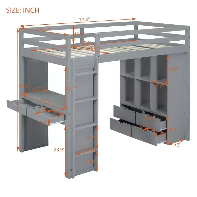 Lit mezzanine double/grand format avec bureau et lumière LED, cadre de lit mezzanine en bois massif avec étagères et échelle