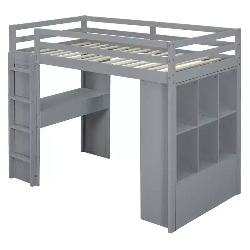 Lit mezzanine double/grand format avec bureau et lumière LED, cadre de lit mezzanine en bois massif avec étagères et échelle