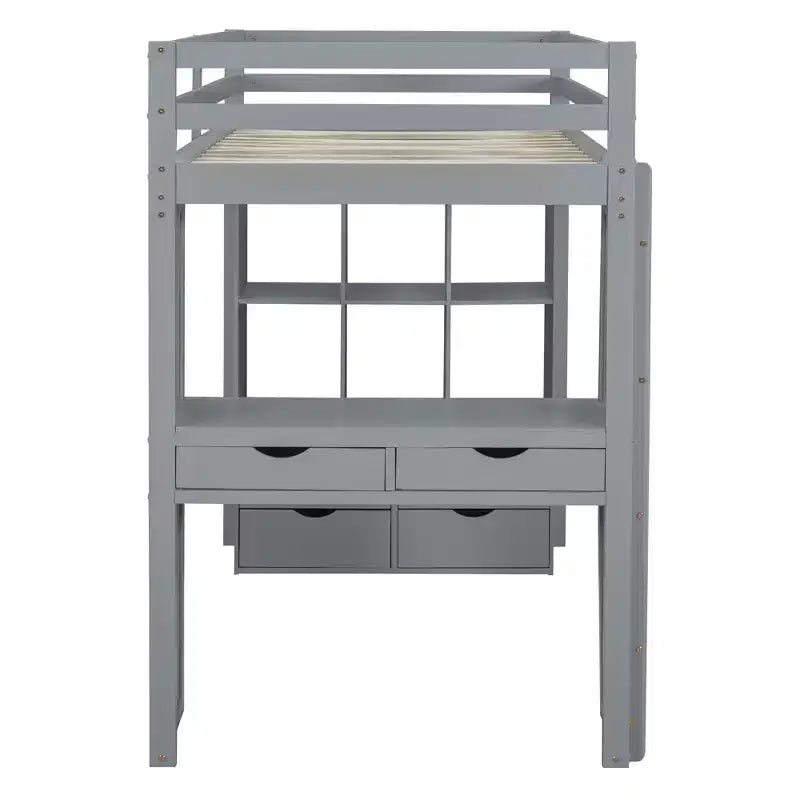Lit mezzanine double/grand format avec bureau et lumière LED, cadre de lit mezzanine en bois massif avec étagères et échelle