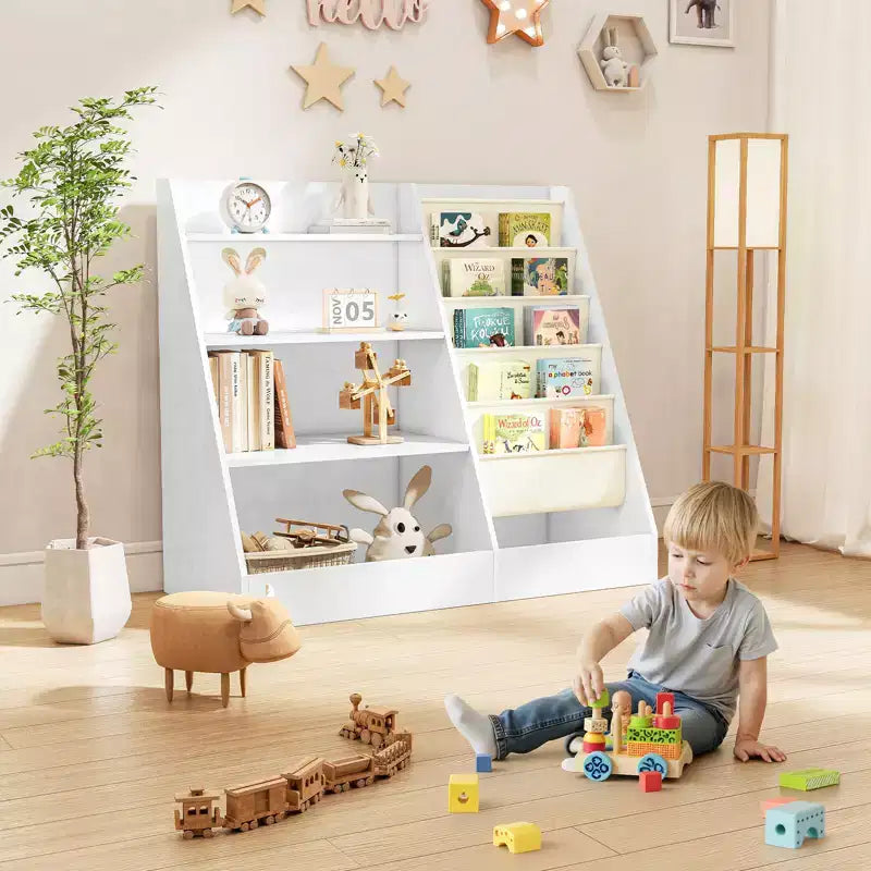 Étagère à Livres 4 Niveaux pour Enfants et Rangement de Jouets, Étagère à Livres en Tissu 5 Couches pour Tout-Petits, Organisateur de Rangement de Jouets pour Enfants, Bibliothèque Suspendue pour Enfants