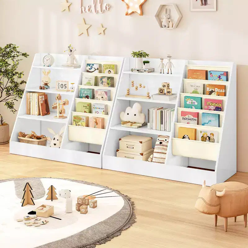 Étagère à Livres 4 Niveaux pour Enfants et Rangement de Jouets, Étagère à Livres en Tissu 5 Couches pour Tout-Petits, Organisateur de Rangement de Jouets pour Enfants, Bibliothèque Suspendue pour Enfants
