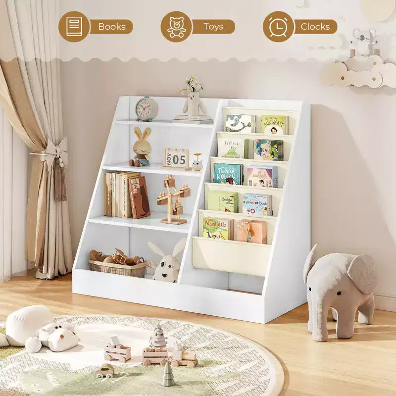 Étagère à Livres 4 Niveaux pour Enfants et Rangement de Jouets, Étagère à Livres en Tissu 5 Couches pour Tout-Petits, Organisateur de Rangement de Jouets pour Enfants, Bibliothèque Suspendue pour Enfants