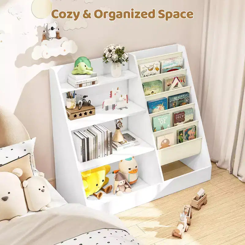 Étagère à Livres 4 Niveaux pour Enfants et Rangement de Jouets, Étagère à Livres en Tissu 5 Couches pour Tout-Petits, Organisateur de Rangement de Jouets pour Enfants, Bibliothèque Suspendue pour Enfants