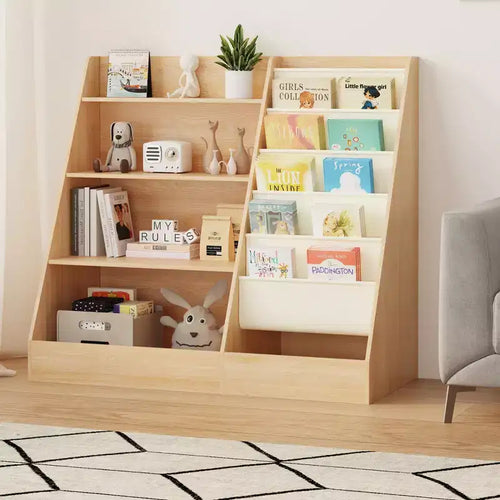 Étagère à Livres 4 Niveaux pour Enfants et Rangement de Jouets, Étagère à Livres en Tissu 5 Couches pour Tout-Petits, Organisateur de Rangement de Jouets pour Enfants, Bibliothèque Suspendue pour Enfants