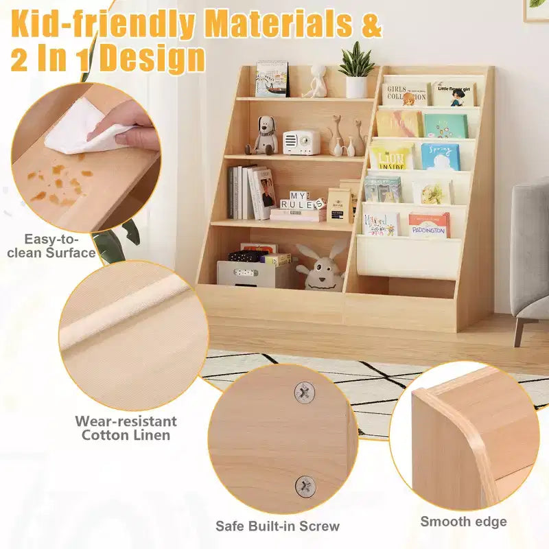 Étagère à Livres 4 Niveaux pour Enfants et Rangement de Jouets, Étagère à Livres en Tissu 5 Couches pour Tout-Petits, Organisateur de Rangement de Jouets pour Enfants, Bibliothèque Suspendue pour Enfants