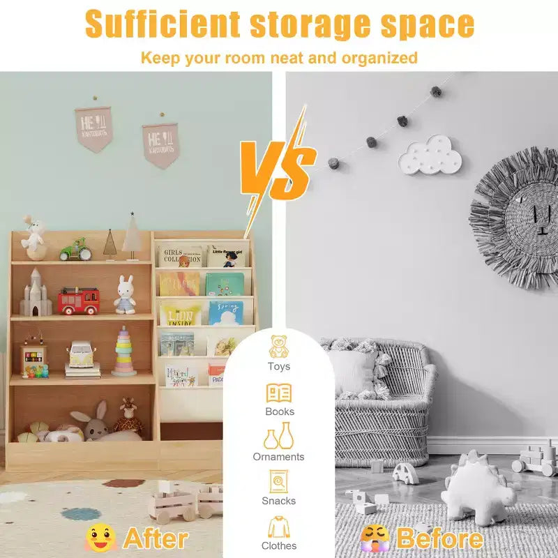 Étagère à Livres 4 Niveaux pour Enfants et Rangement de Jouets, Étagère à Livres en Tissu 5 Couches pour Tout-Petits, Organisateur de Rangement de Jouets pour Enfants, Bibliothèque Suspendue pour Enfants
