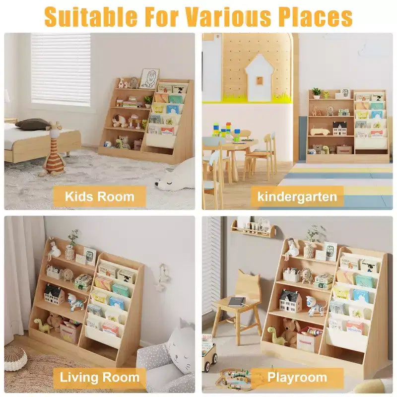 Étagère à Livres 4 Niveaux pour Enfants et Rangement de Jouets, Étagère à Livres en Tissu 5 Couches pour Tout-Petits, Organisateur de Rangement de Jouets pour Enfants, Bibliothèque Suspendue pour Enfants