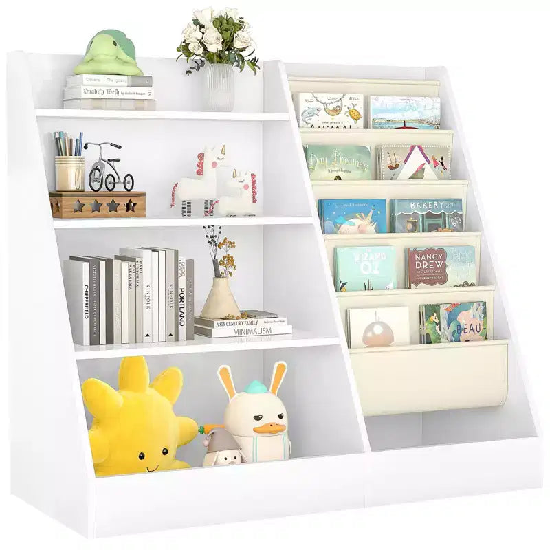 Étagère à Livres 4 Niveaux pour Enfants et Rangement de Jouets, Étagère à Livres en Tissu 5 Couches pour Tout-Petits, Organisateur de Rangement de Jouets pour Enfants, Bibliothèque Suspendue pour Enfants