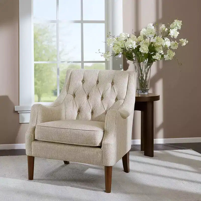 Fauteuil de salon capitonné contemporain avec coussin rembourré, fauteuil confortable avec pieds en bois pour chambre à coucher ou salle de lecture.