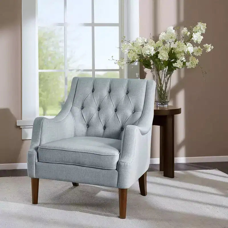 Fauteuil de salon capitonné contemporain avec coussin rembourré, fauteuil confortable avec pieds en bois pour chambre à coucher ou salle de lecture.